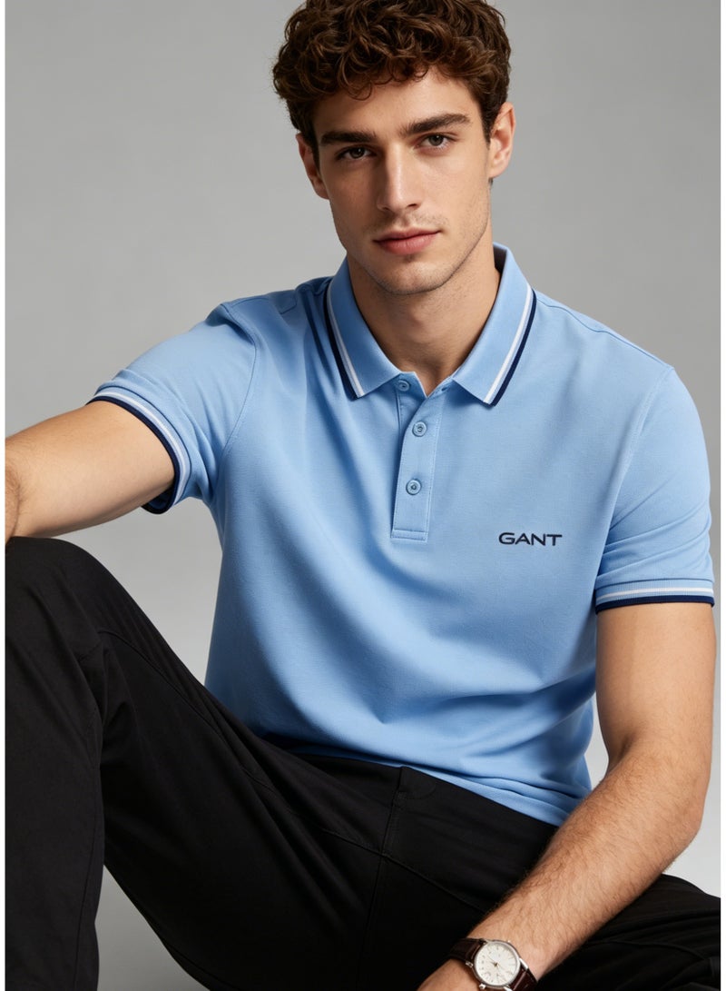 GANT Men's Short Sleeve Tipped Collar Polo Shirt, Casual Regular Fit, Light Blue - Image 3