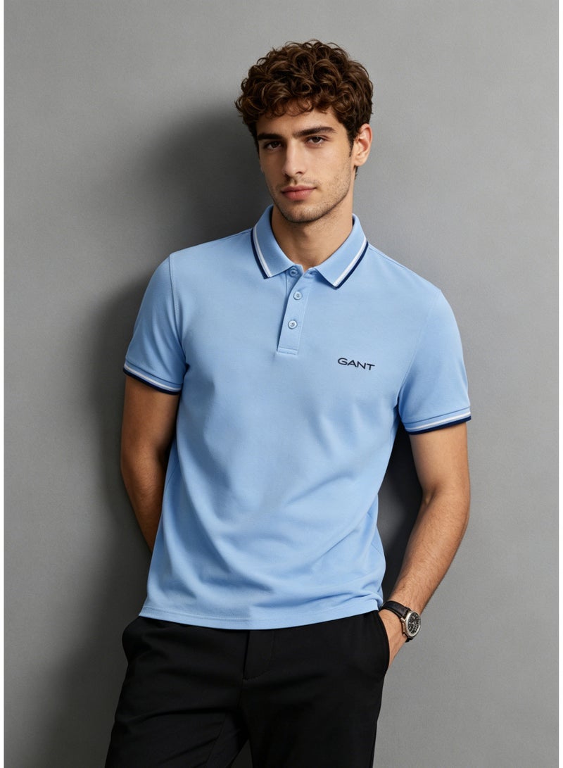 GANT Men's Short Sleeve Tipped Collar Polo Shirt, Casual Regular Fit, Light Blue - Image 1