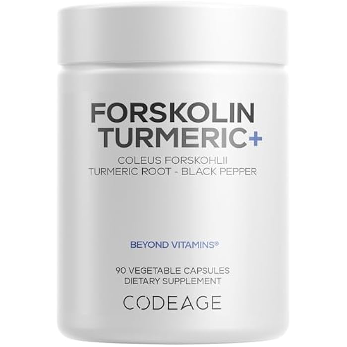 Codeage كوداج فورسكولين، فورسكولين نقي كوليوس + مسحوق جذر الكركم العضوي، 95% كركمينات + بيبرين فلفل أسود - 20% مكمل كوليوس فورسكوهيلي موحد - غير معدل وراثيًا - 90 كبسولة - Image 1