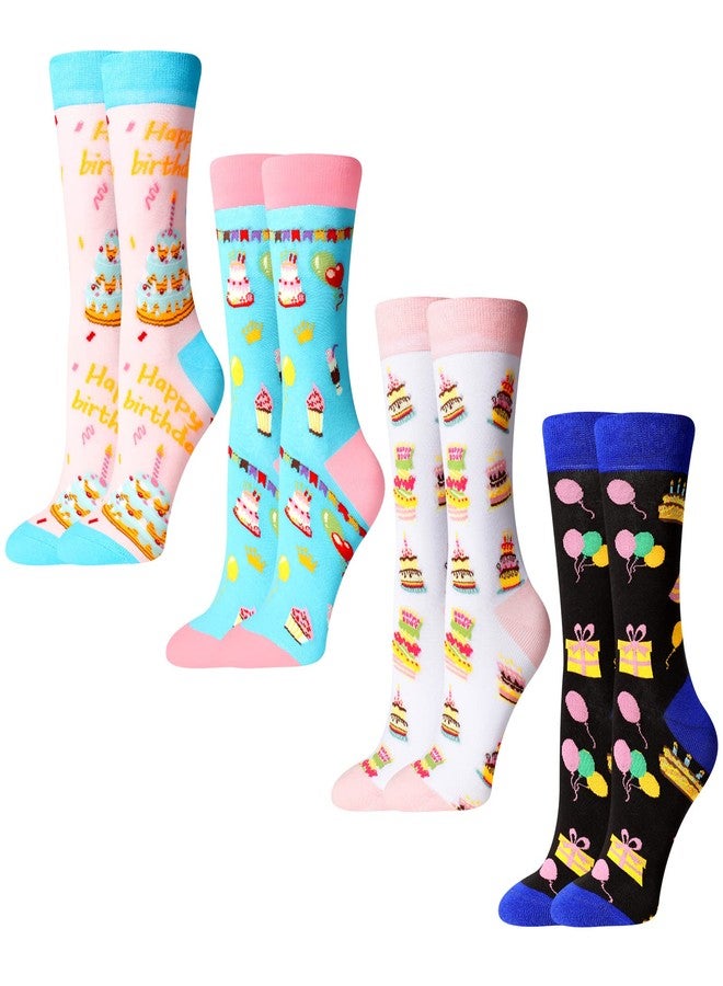 Vicenpal 4 Pairs Happy Birthday Socks for Family Friends Stocking for Birthday Party Favors Socks Gifts with Cake and Balloon Patterns for Man and Women - Image 1