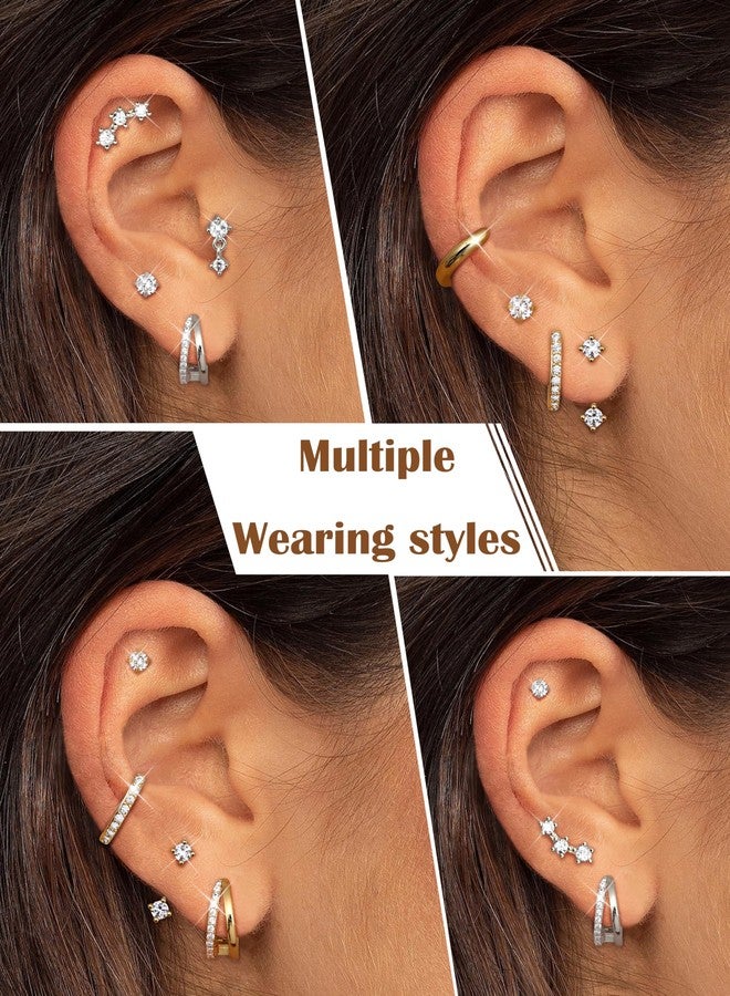 ADRAMATA Hypoallergenic Gold Earrings Stack for Women - 7Pairs Surgical Steel Small Chunky Huggie Hoops & Flat Back Stud Earrings Set Silver Cartilage Jewelry Trendy Christmas Gifts, stainless steel - Image 3