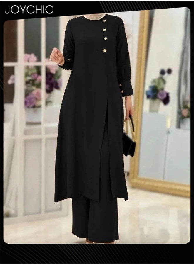 Joychic 2-piece Fashionable Elegant Solid Color Muslim Women Long-sleeved Sets Black  - Image 1