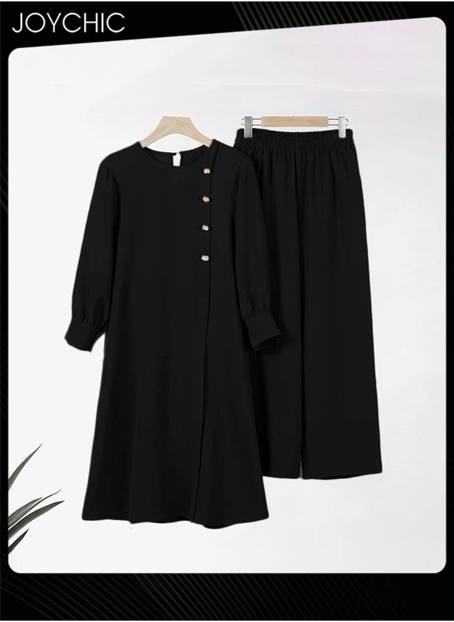 Joychic 2-piece Fashionable Elegant Solid Color Muslim Women Long-sleeved Sets Black  - Image 2