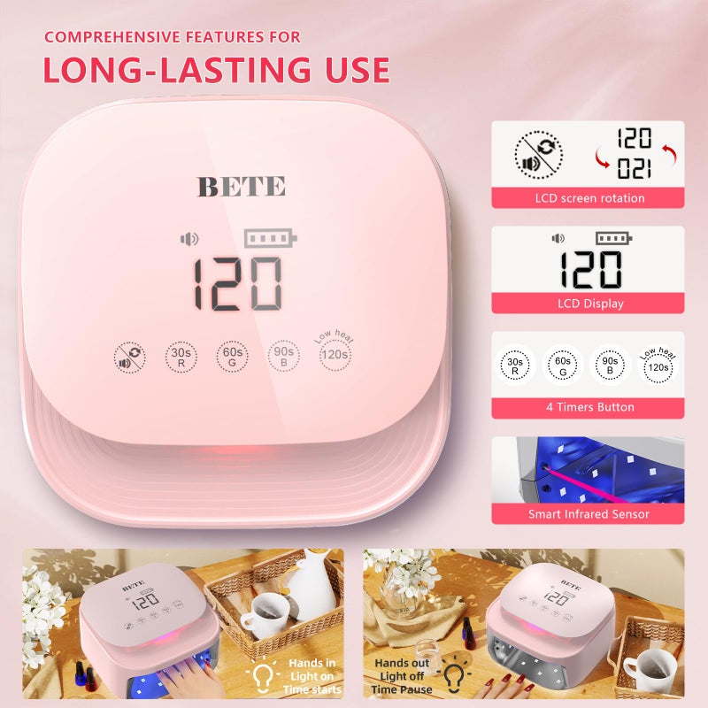 BETE 60W Cordless UV LED Nail Lamp - Rechargeable Gel Polish Dryer with Auto Sensor, 30 Beads & 4 Timer Settings Portable for Home/Salon Pink - Image 3
