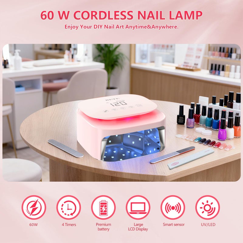 BETE 60W Cordless UV LED Nail Lamp - Rechargeable Gel Polish Dryer with Auto Sensor, 30 Beads & 4 Timer Settings Portable for Home/Salon Pink - Image 2