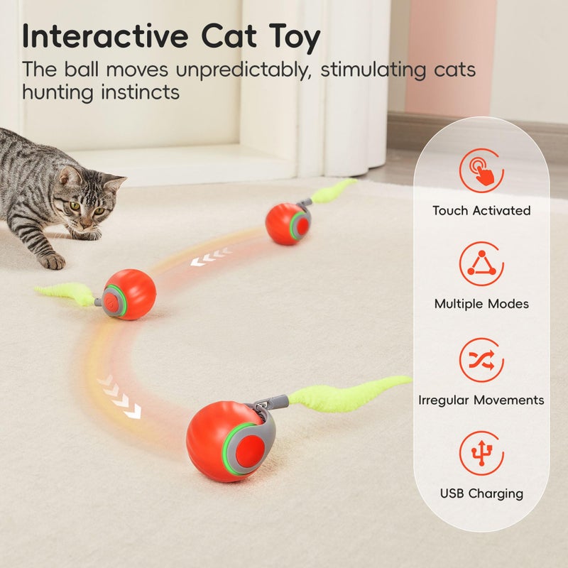 Potaroma Moving Ball Cat Toys with Feather Tail, Rechargeable 2025 New Interactive Toy for Indoor Cats Exercise, Smart Interactive Kitten Rolling Ball, Orange - Image 2