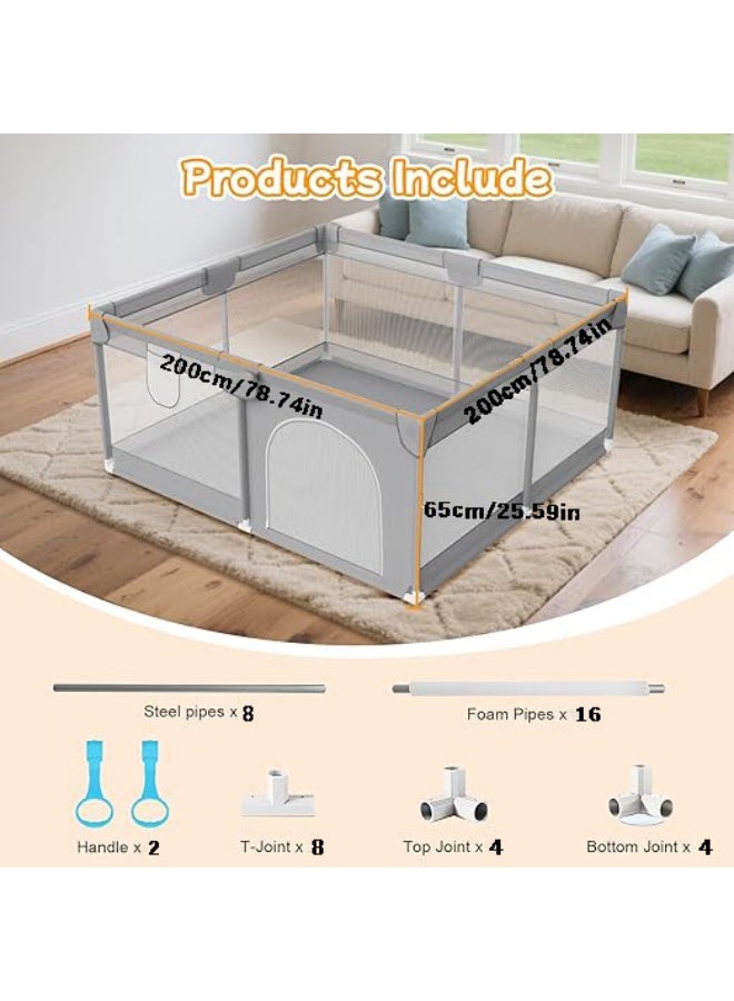 Flushrenic Baby playpen, 8.74 x 78.74 inches (200 x 200 cm) infant safety enclosure, indoor/outdoor reinforced safety play area, featuring two handles, soft breathable mesh panels, anti-fall design, easy assembly, grey. - Image 2