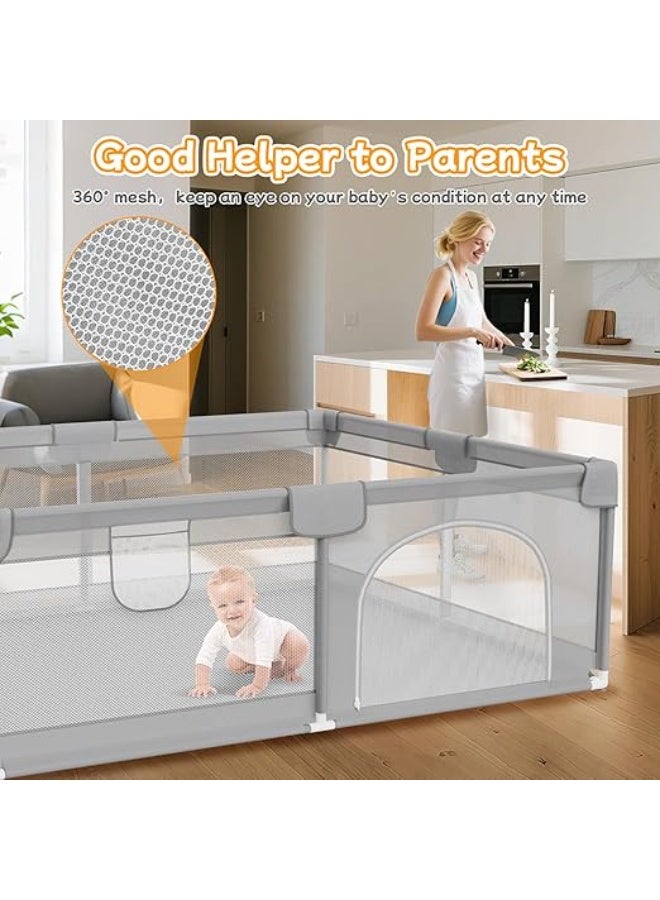 Flushrenic Baby playpen, 8.74 x 78.74 inches (200 x 200 cm) infant safety enclosure, indoor/outdoor reinforced safety play area, featuring two handles, soft breathable mesh panels, anti-fall design, easy assembly, grey. - Image 3