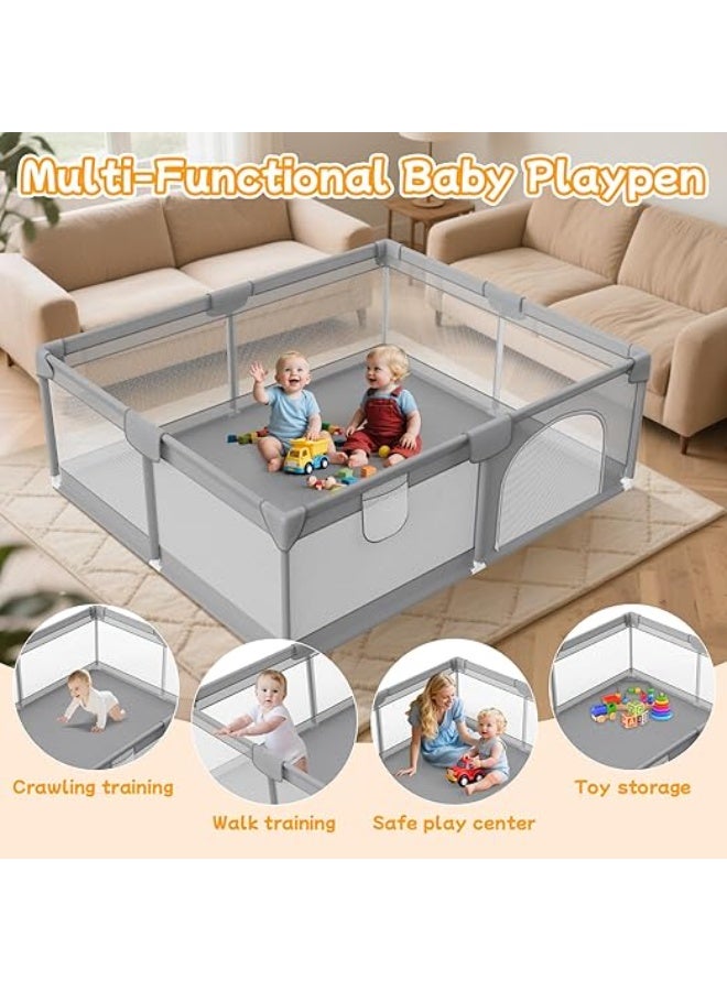 Flushrenic Baby playpen, 8.74 x 78.74 inches (200 x 200 cm) infant safety enclosure, indoor/outdoor reinforced safety play area, featuring two handles, soft breathable mesh panels, anti-fall design, easy assembly, grey. - Image 4