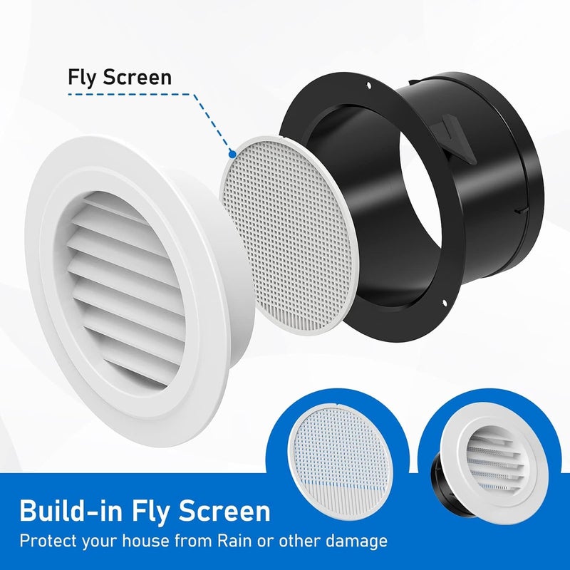 Zikra 4 Pcs Round Air Vents, 6 Inch Soffit Vent Cover, ABS Louver Grille Cover with Built-in Fly Screen Mesh, for Bathroom/Office/Kitchen Ventilation - Image 3