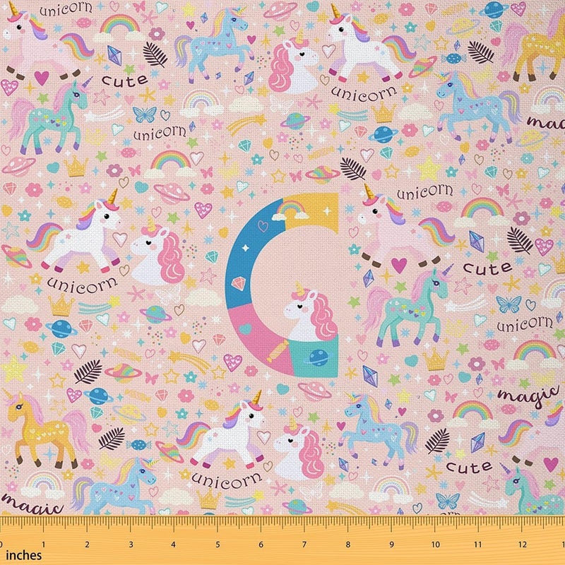 Erosebridal Initial Letter C Unicorn Fabric By The Yard for Chairs, Cute Kawaii Unicorn 3 Yards Upholstery Fabric, Pink Rainbow Floral Waterproof Fabrics, Colorful Butterfly Pillows Cushions Decor - Image 1