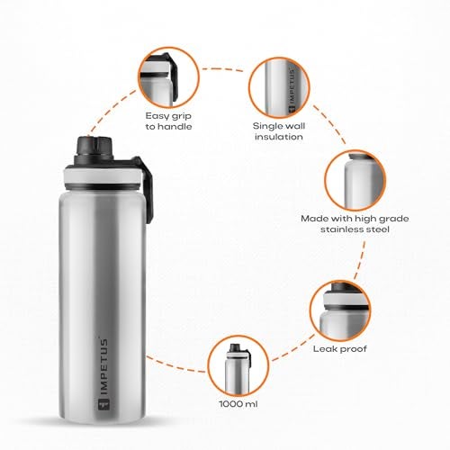 IMPETUS Stainless Steel Water Bottle 1L – Sipper Bottle with Carry Handle, Leakproof, Rust-Resistant & Durable, for Men & Women | Gym, School, Office & Daily Use – Grey - Image 2