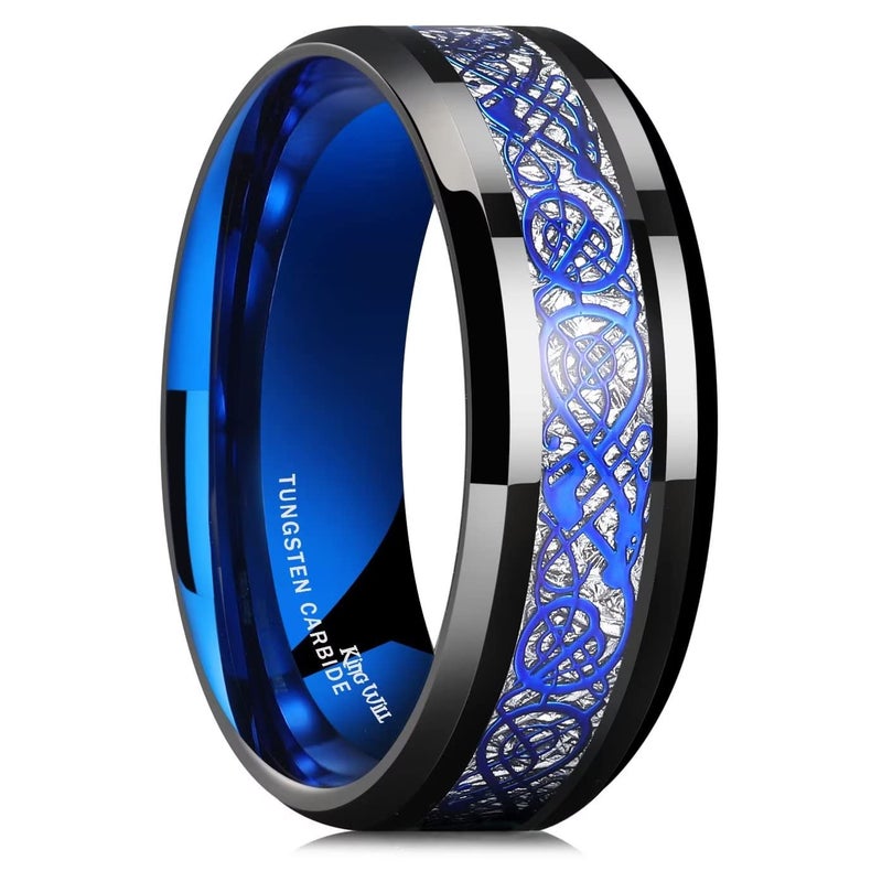 King Will DRAGON Mens Black Tungsten Carbide Ring 8mm Blue Celtic Dragon Wedding Band Comfort Fit High Polished(10.5) - Image 1