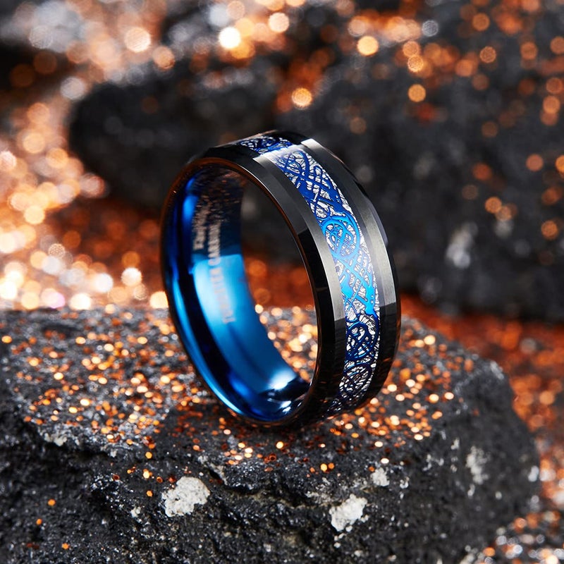 King Will DRAGON Mens Black Tungsten Carbide Ring 8mm Blue Celtic Dragon Wedding Band Comfort Fit High Polished(10.5) - Image 2