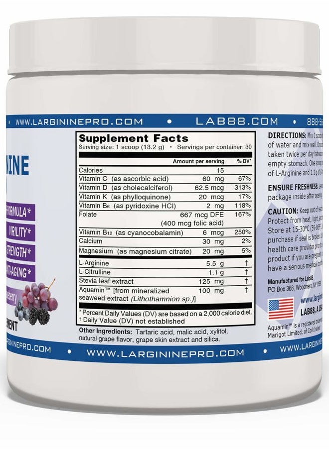 L-ARGININE PRO - L-arginine Supplement Drink Mix Powder | 5,500mg of L-arginine Plus 1,100mg L-Citrulline (Grape Berry, 1 Jar) - Image 1