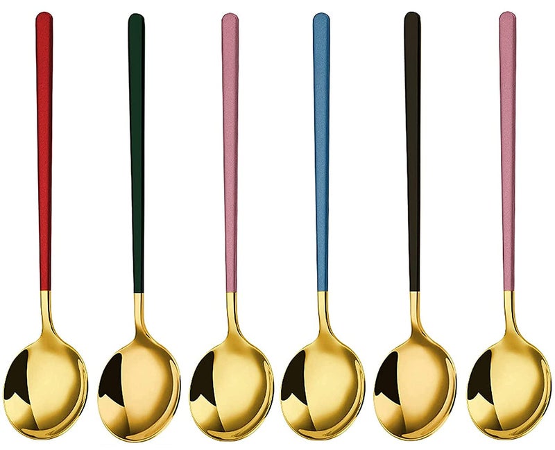 Primetan 304 Stainless Steel Golden Spoons for Soup Round Colorful Dinner Spoons Long Handle Table Spoon Coffee SpoonDessert SpoonCutlery Kitchen Tableware Set of 6 - Image 1