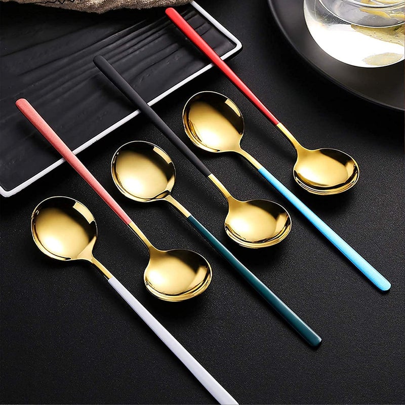 Primetan 304 Stainless Steel Golden Spoons for Soup Round Colorful Dinner Spoons Long Handle Table Spoon Coffee SpoonDessert SpoonCutlery Kitchen Tableware Set of 6 - Image 2