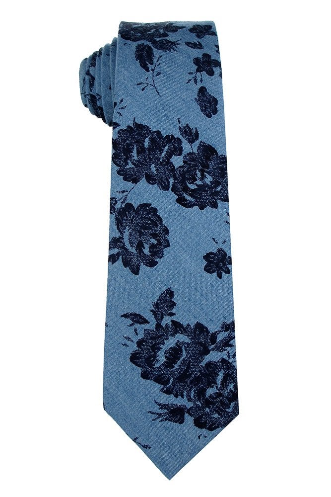 Kebocis Mens Cotton Slim Necktie Skinny Tie for Men, Navy Blooms Print, Blue - Image 1