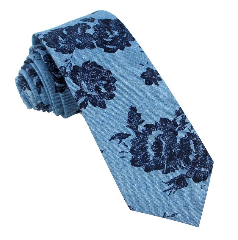Kebocis Mens Cotton Slim Necktie Skinny Tie for Men, Navy Blooms Print, Blue - Image 2