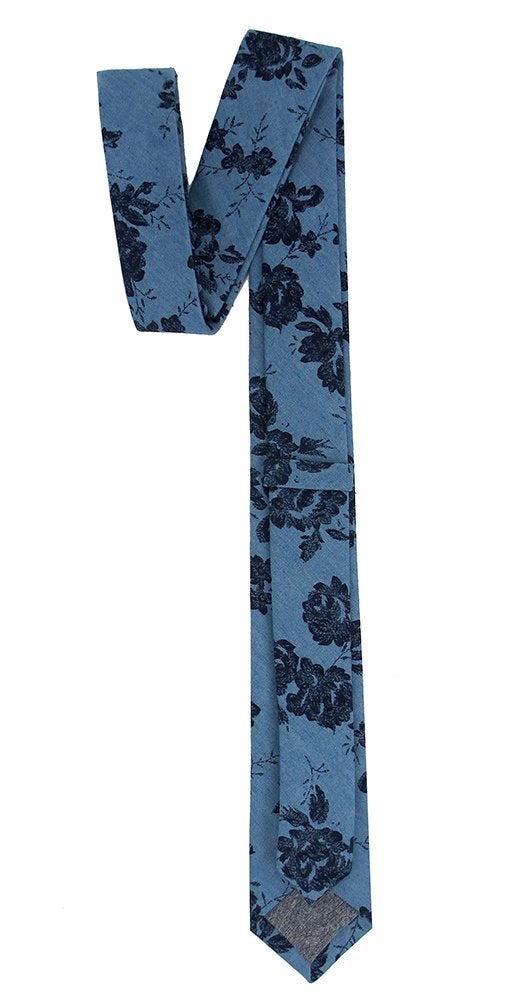 Kebocis Mens Cotton Slim Necktie Skinny Tie for Men, Navy Blooms Print, Blue - Image 4
