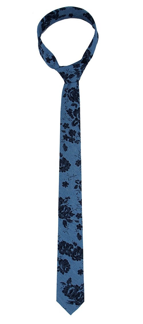 Kebocis Mens Cotton Slim Necktie Skinny Tie for Men, Navy Blooms Print, Blue - Image 3