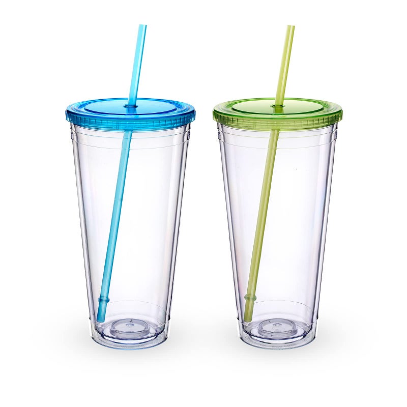 Zukro Clear Acrylic Tumbler with Straw and Lid 32 oz Double Walled Insulated Reusable Plastic Iced Coffee Cup To Go Cup Perfect for Parties Birthdays Fit in Cupholder BPA Free 2 Pack