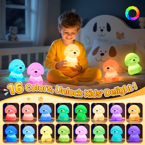 Mubarek Night Light for Kids | 16 Colors & 2 Brightness & 30/60min Timer & Soft Silicone & 10h Use | Cute Night Light for Baby Nursery Kids Nightlight Dog Lamp, Kawaii Room Decor Puppy Gifts for Boys & Girls - Image 3
