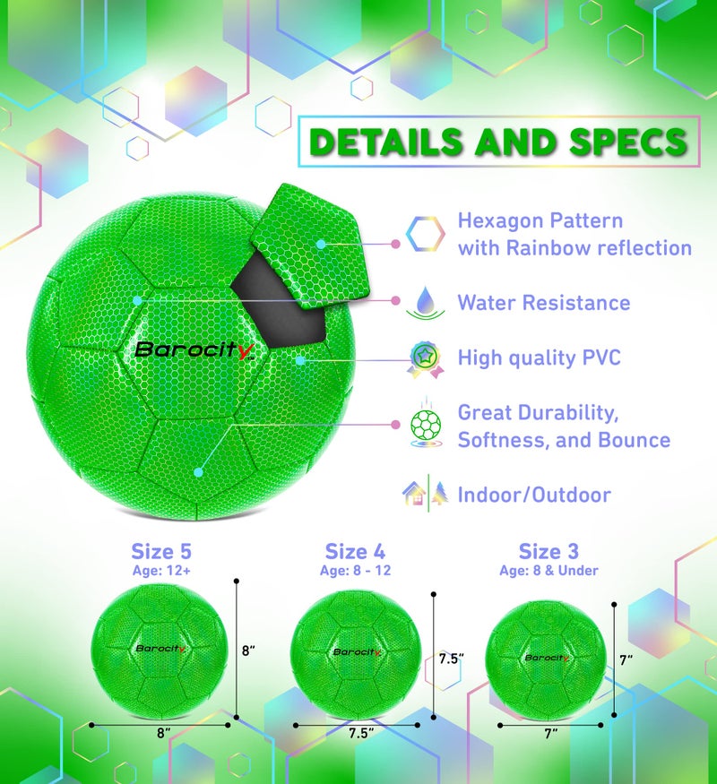Barocity Soccer Ball - Boys and Girls Official Match Ball with Cool Reflective Rainbow Hex Pattern, for Indoor, Outdoor, Training, Practice - Iridescent Green Size 4 - Image 2