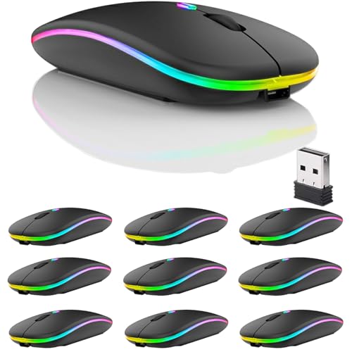 Guiheng 10 Pack Wireless Bluetooth Mouse,LED Dual Mode Rechargeable Silent Slim Laptop Mouse,Portable(BT5.2+USB Receiver) Dual Mode Computer Mice,for Laptop,Desktop Computer,ipad Tablet,Phone,TV (Black) - Image 1