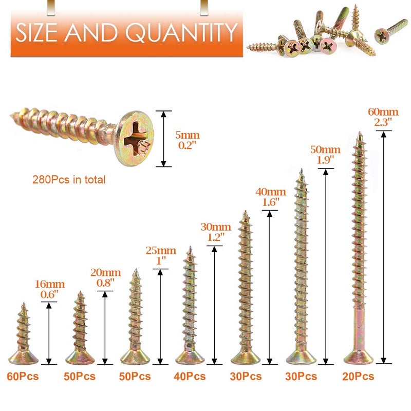 Rustark 280-Pcs [#7 5/8'' to 2-1/2''] Phillips Bugle Head Coarse Thread Drywall Screw Self Tapping Wood Screws Assortment Kit Ideal for Drywall Sheetrock - Zinc Plated Carbon Steel - Image 2