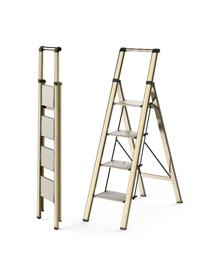 WOA WOA 4 Step Ladder Ladders for Home AntiSlip Pedals Aluminum Step Stool Foldable Lightweight to Move Ease of Storage Reach 9ft for Closet Kitchen Library Hold 300lbs Gold - Image 1