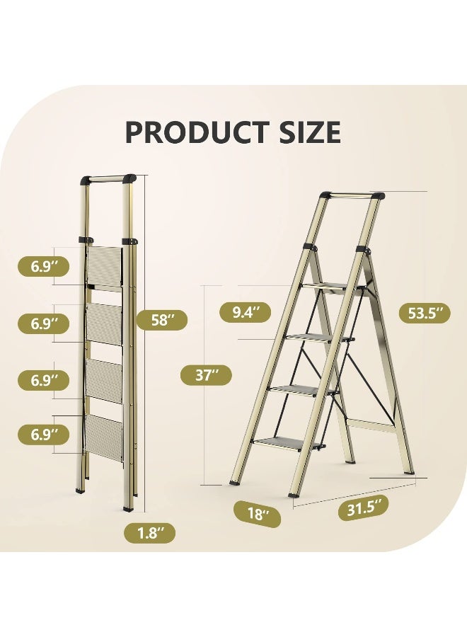 WOA WOA 4 Step Ladder Ladders for Home AntiSlip Pedals Aluminum Step Stool Foldable Lightweight to Move Ease of Storage Reach 9ft for Closet Kitchen Library Hold 300lbs Gold - Image 2