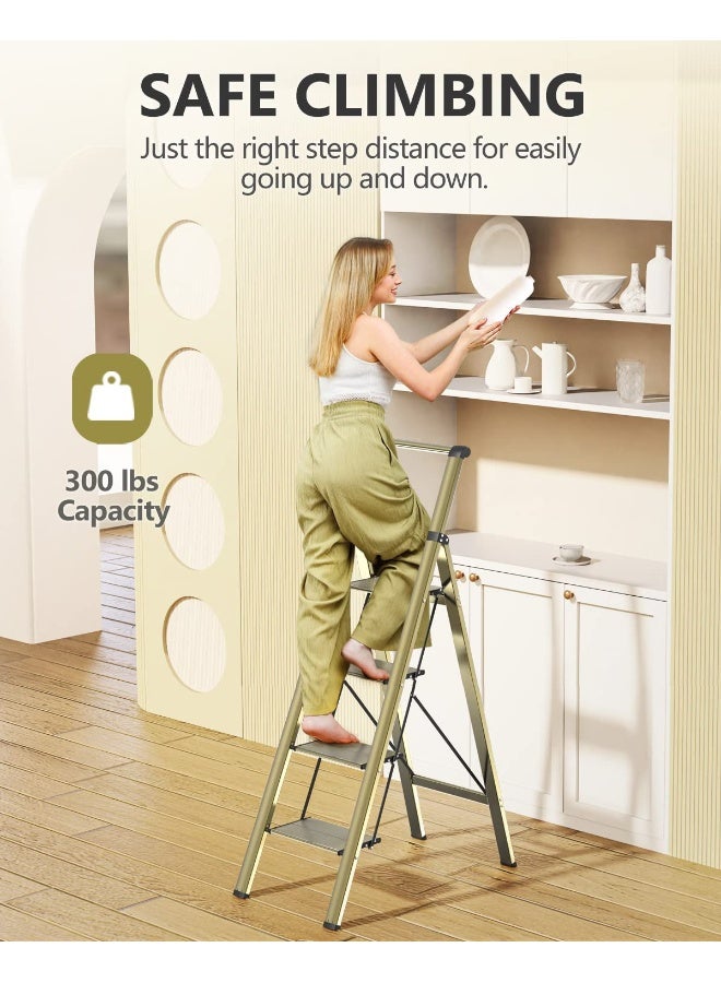 WOA WOA 4 Step Ladder Ladders for Home AntiSlip Pedals Aluminum Step Stool Foldable Lightweight to Move Ease of Storage Reach 9ft for Closet Kitchen Library Hold 300lbs Gold - Image 4