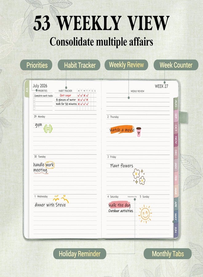Billtigif 2026-2027 Planner Weekly and Monthly, Jul 2026 - Jun 2027, A5 Linen Cover Calendar Planner 2026-2027, Agenda Book with Colorful Monthly Tabs, Inner Pocket (5.8" x 8.3", Green) - Image 3
