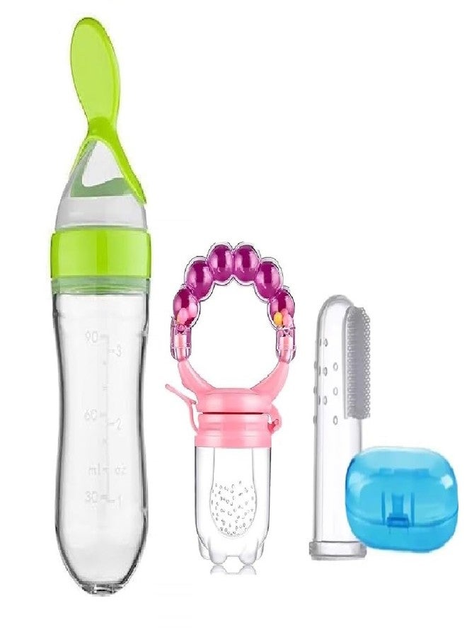 Chopchi Silicone Fruit Rattle Pacifier 1 Pcs,1 pcs Spoon Feeder Bottle and 1 Pcs Finger Brush for Infant Baby 6 Month Above (3 Piece Combo Set-Green) - Image 1