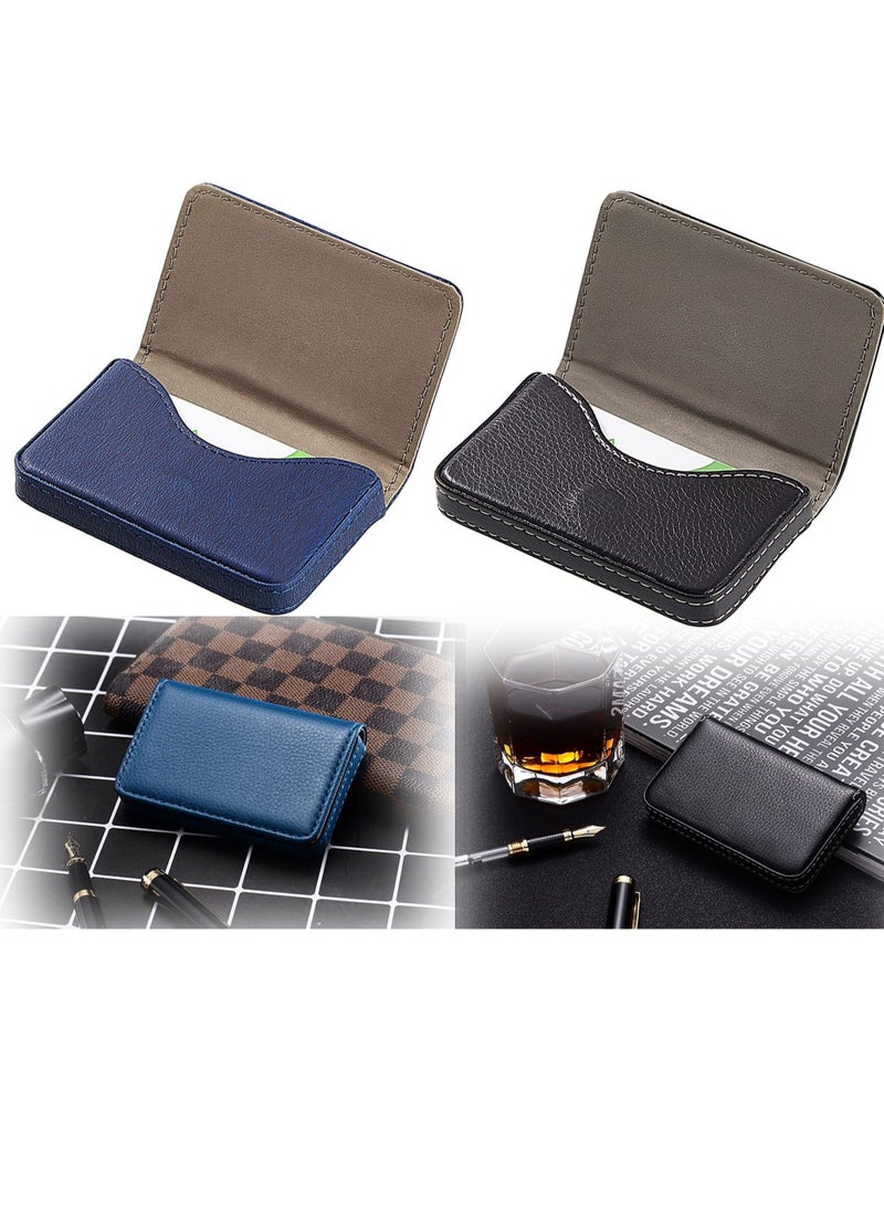 KASTWAVE 2 Pieces Business Card Holder, Business Card Wallet Leather Business Card Case Pocket Business Name Card Holder with Magnetic Shut, Credit Card ID Case wallet (Blue and Black) - Image 1