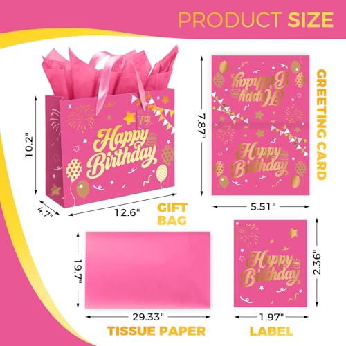 Sipthene 13” Pink Birthday Gift Bag with Tissue Paper and Greeting Card, Happy Birthday Gift Bags for Party, Hot Foil Stamping Design Gift Wrap Bags Decor for Women and Kids, 1 PCS, Medium Size - Image 3
