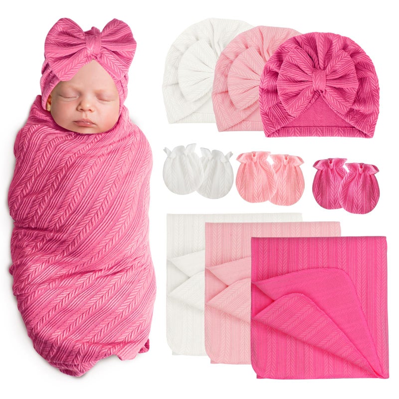 AQOKKA Newborn Receiving Blanket with Bow Hat Mittens Set WheatPattern Newborns Toddler Baby Boy Girl Nursery Swaddle Wrap - Image 2