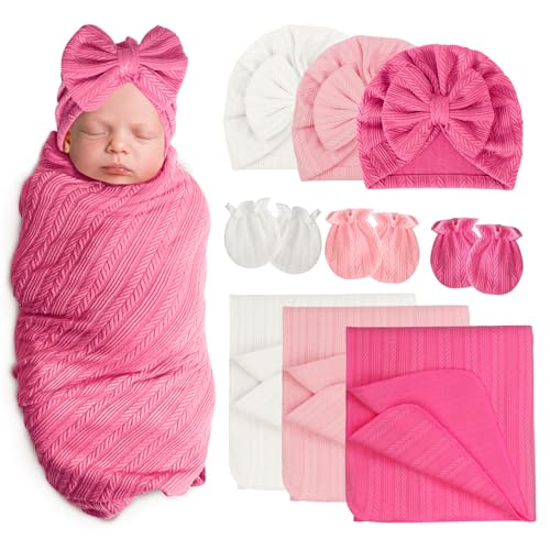AQOKKA Newborn Receiving Blanket with Bow Hat Mittens Set WheatPattern Newborns Toddler Baby Boy Girl Nursery Swaddle Wrap - Image 1