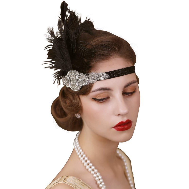 SWEETV 1920s Headpiece Flapper Headband Rhinestone Feather Great Gatsby Headpiece Hair Accessories for Women Black