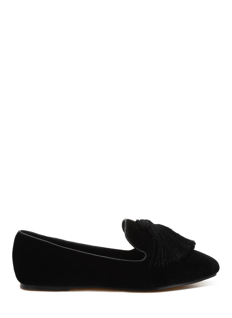 London Rag Iconic Tassel Detail Velvet Loafers in Black  - Image 1