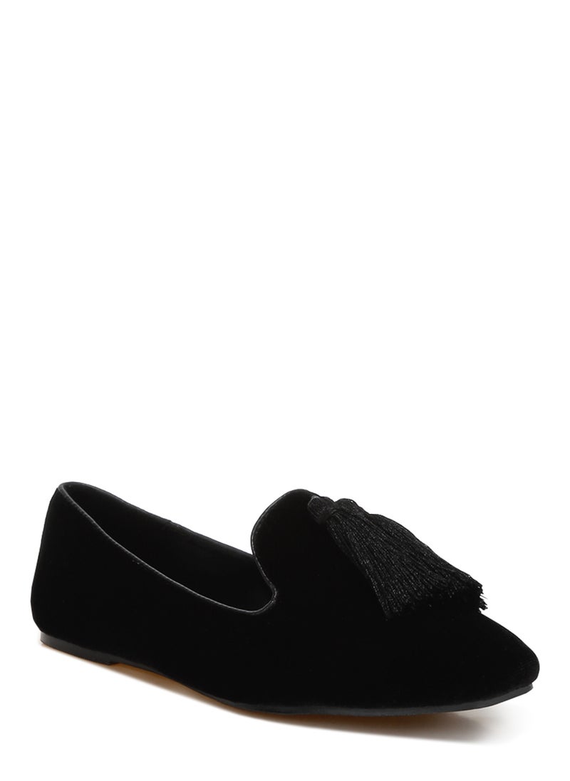 London Rag Iconic Tassel Detail Velvet Loafers in Black  - Image 2