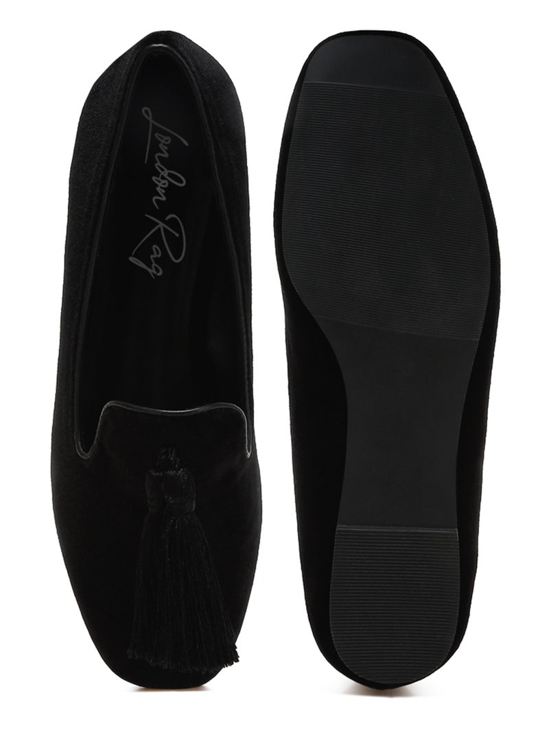 London Rag Iconic Tassel Detail Velvet Loafers in Black  - Image 4