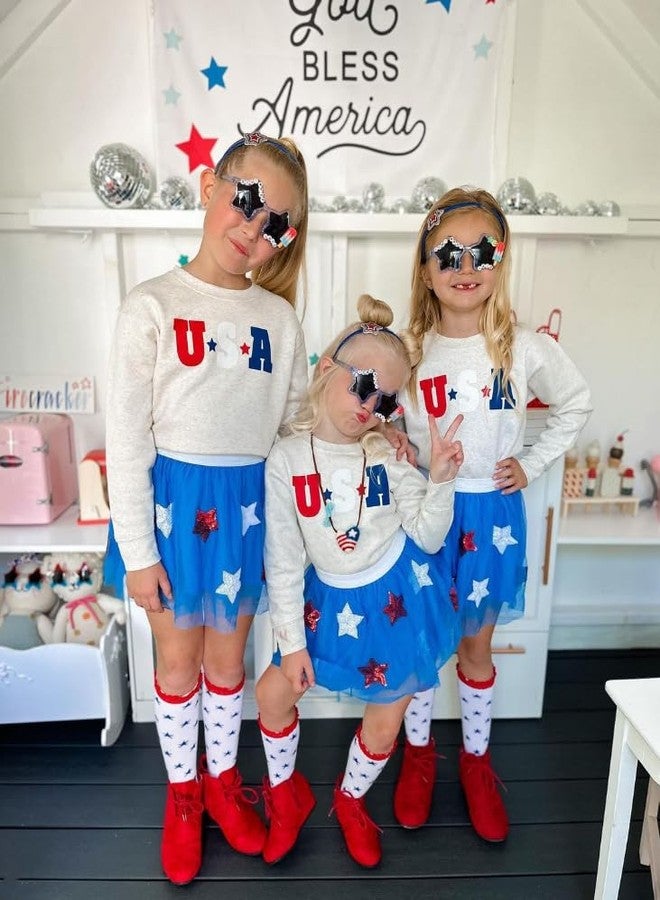 Socutebabe طقم ملابس للأطفال الصغار من Socutebabe للاحتفال بيوم الاستقلال الأمريكي، تيشيرت وتنورة من التول، فستان للبنات الصغيرات، ملابس ليوم الاستقلال الأمريكي (نجوم الولايات المتحدة الأمريكية باللون الأزرق، مقاس 4-5 سنوات) - Image 2
