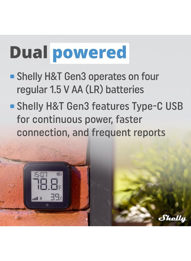 Shelly H&T Gen3 WiFi & Bluetooth Temperature and Humidity Sensor, Real-Time Monitoring, Battery Powered, No Hub Required (Black) - Image 4