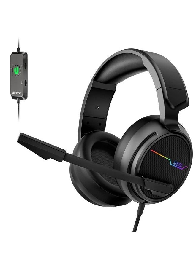 Jeecoo - V20U USB Pro Gaming Headset for PC - 7.1 Surround Sound Headphones with Noise Cancelling Microphone- Memory Foam Ear Pads RGB Lights for Laptops - Image 1