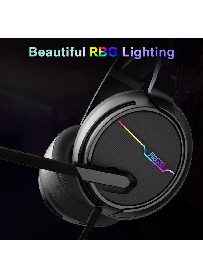 Jeecoo - V20U USB Pro Gaming Headset for PC - 7.1 Surround Sound Headphones with Noise Cancelling Microphone- Memory Foam Ear Pads RGB Lights for Laptops - Image 1
