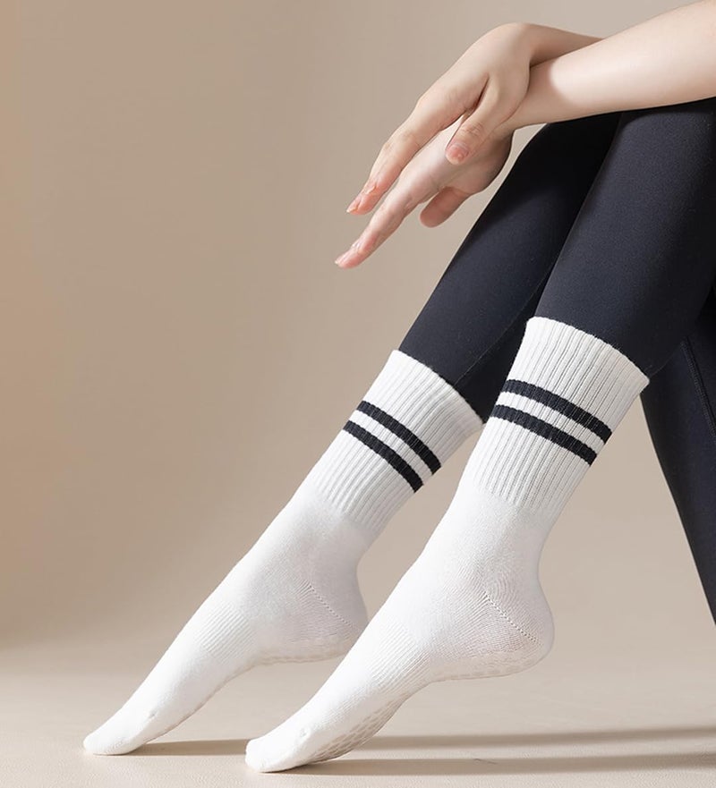 PUJANE 5 Pairs Grip Pilates Socks for Women, Non Slip Yoga Athletic Long Crew Socks for Barre Ballet Gym Workout - Image 4