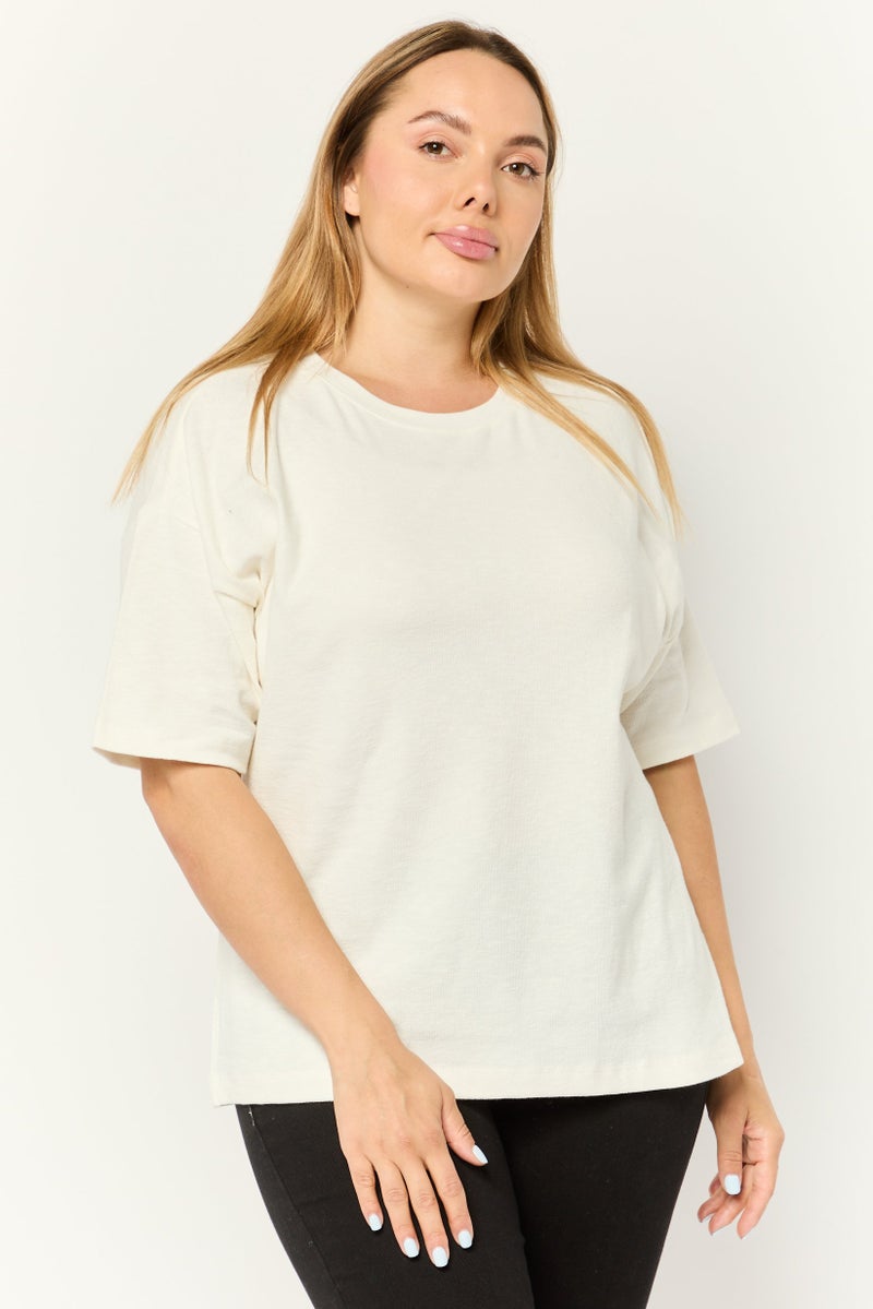 ESPRIT Women Crew Neck Short Sleeves Textured T-Shirt, Off White - Image 1