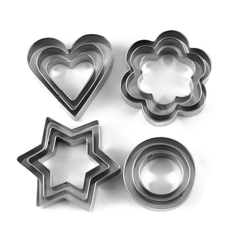 Oblivion Cookie Cutter | 12 Piece | Stainless Steel | Biscuit Cake Vegetable Fruit Cutters | Molds for Baking | Hearts Flowers, Stars, Round, Shape Fondant Cutting Cutter | Silver | 4 Shapes 3 Sizes